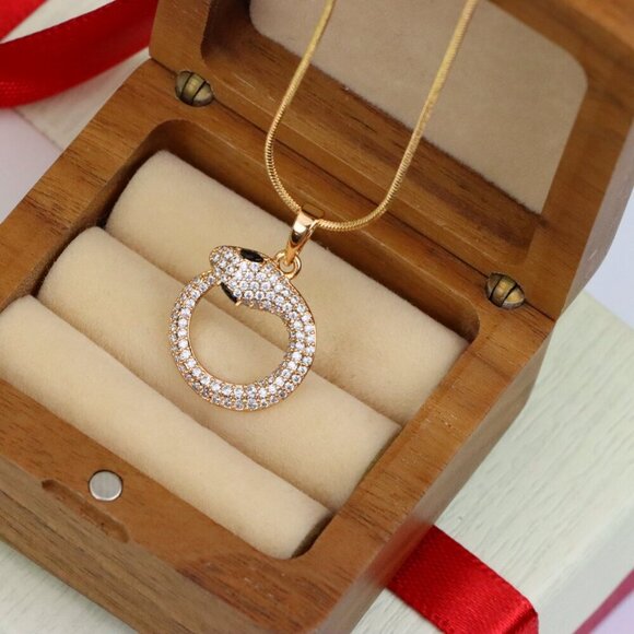 "Rose Gold Snake Circle Pendant with Sparkling CZ and Black Eyes, XPPT1529 - Picture 9 of 13